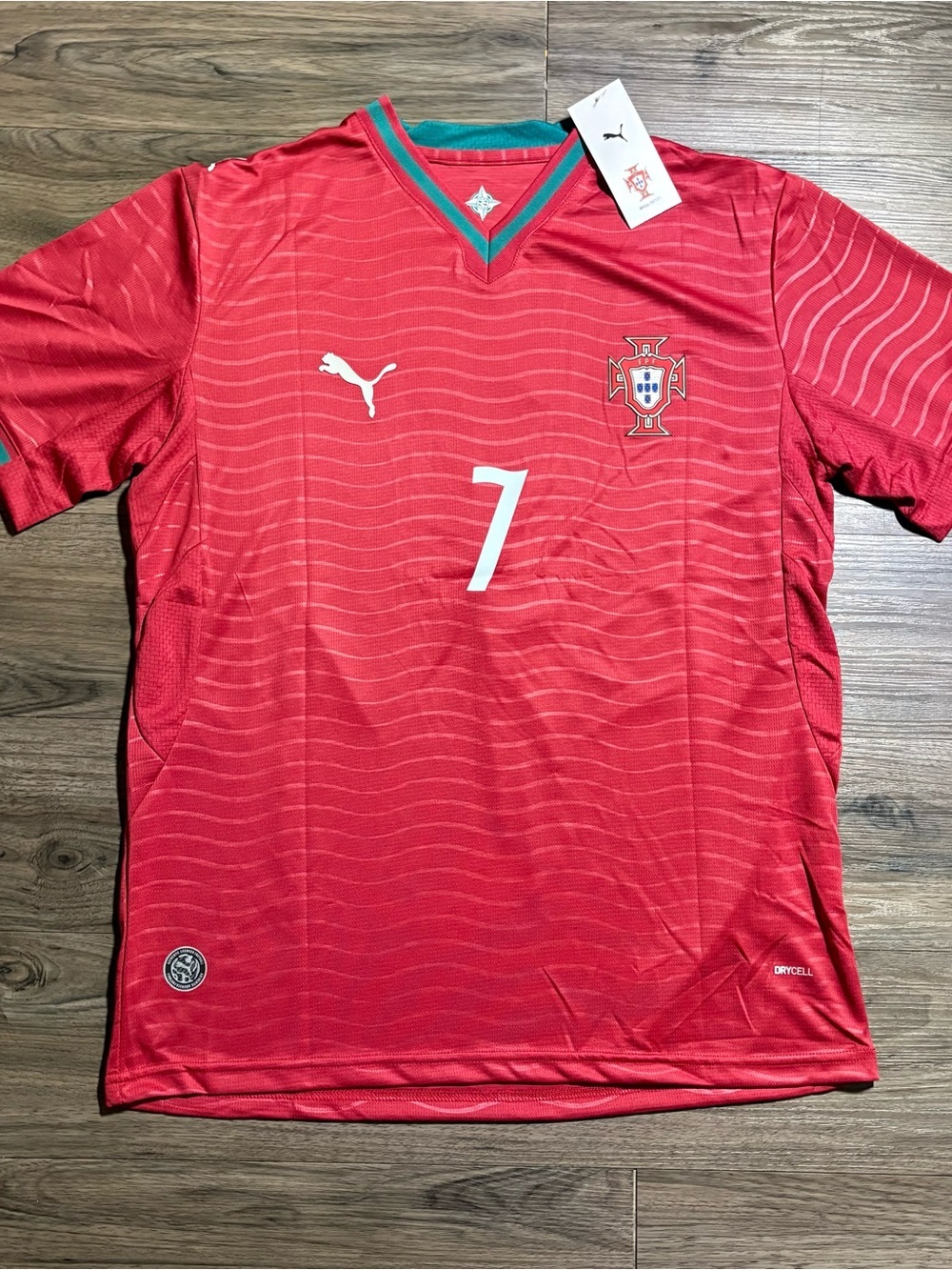 Puma Portugal Men's Red Soccer Jersey with Green Trim #7